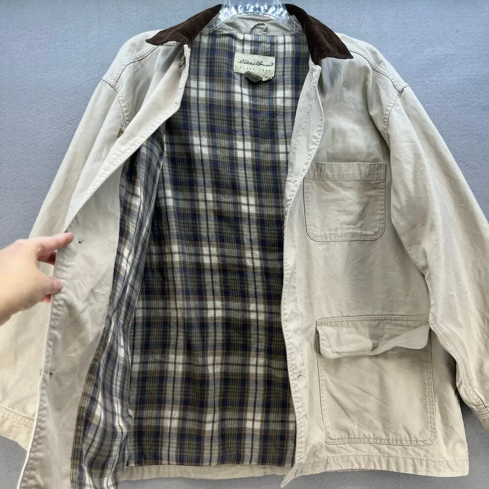 Eddie Bauer Jacket Men's XL Beige Canvas Flannel Lining Corduroy Collar VTG